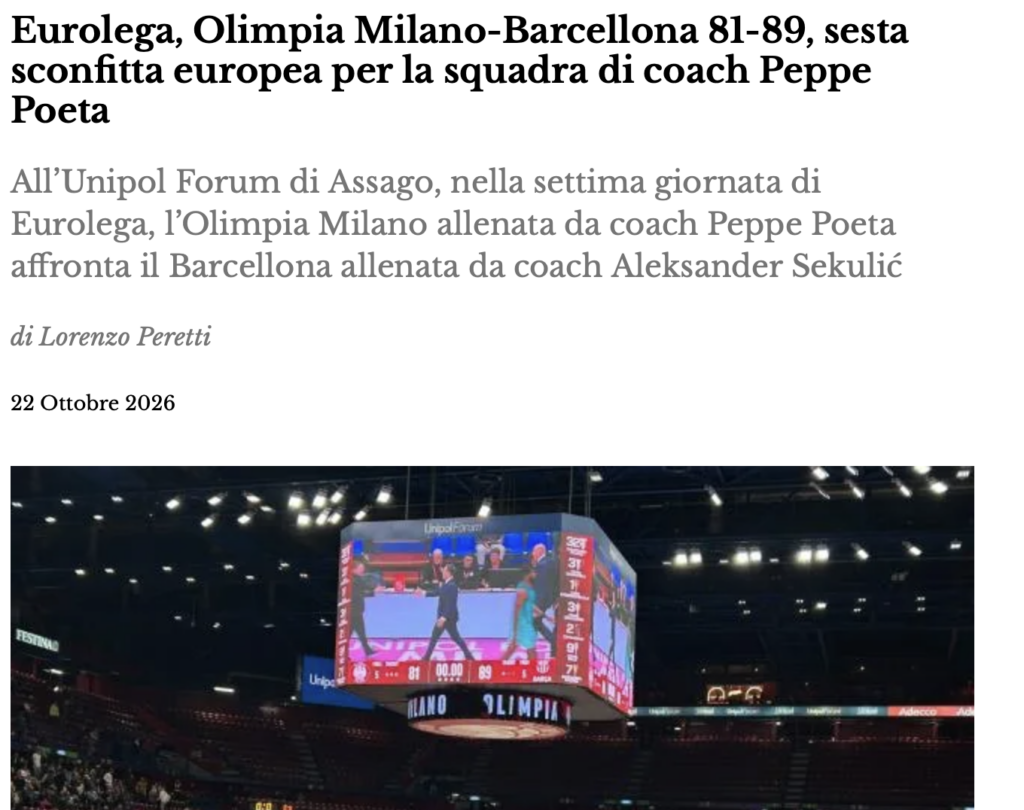 Eurolega, Olimpia Milano-Barcellona 81-89, sesta sconfitta europea per la squadra di coach Peppe Poeta