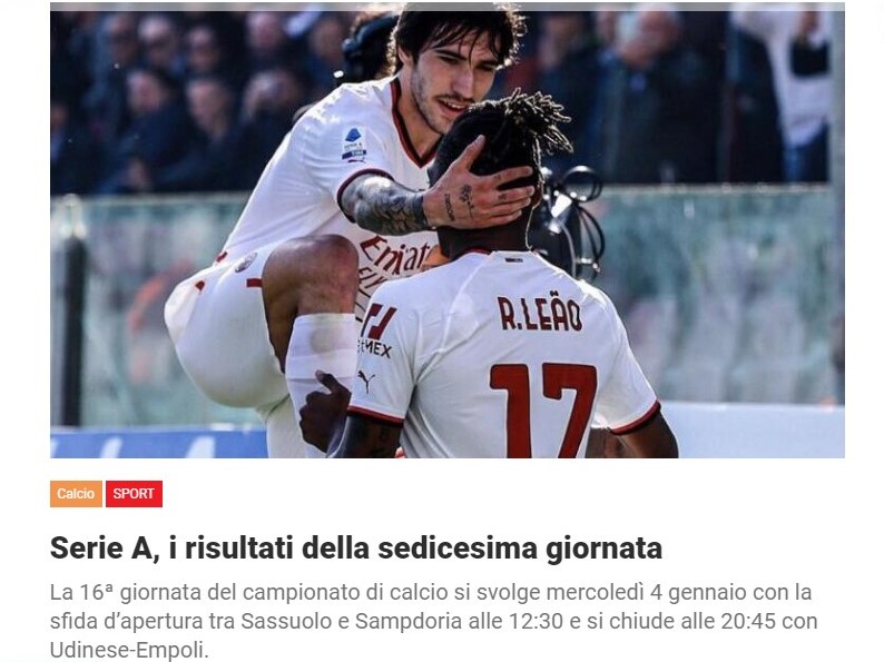 Serie A, i risultati della sedicesima giornata