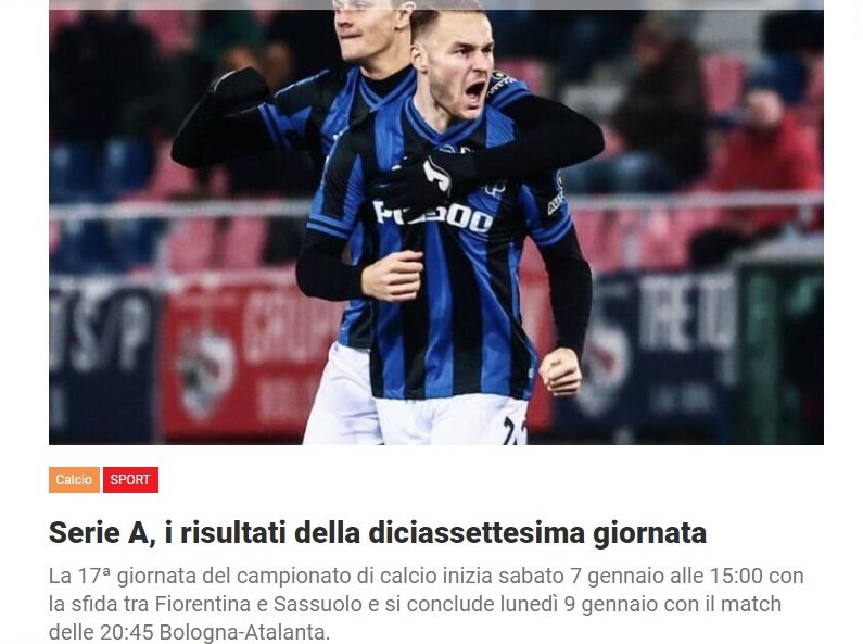 Serie A, i risultati della diciassettesima giornata