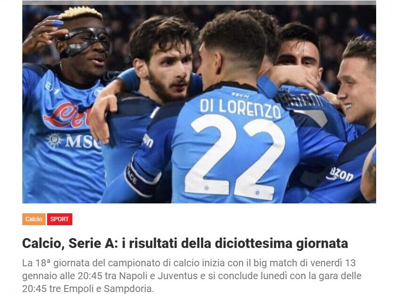 Calcio, Serie A: i risultati della diciottesima giornata