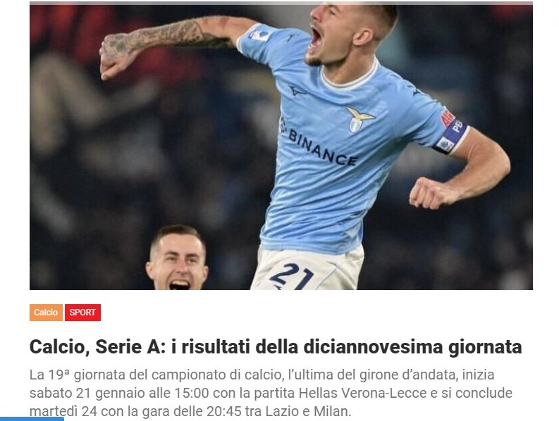 Calcio, Serie A: i risultati della diciannovesima giornata