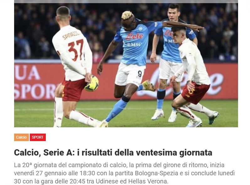 Calcio, Serie A: i risultati della ventesima giornata