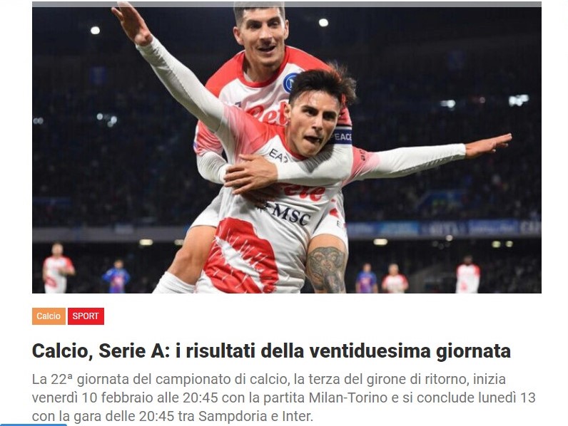 Calcio, Serie A: i risultati della ventiduesima giornata