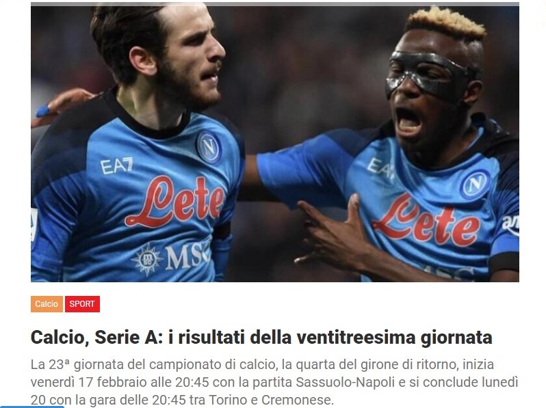 Calcio, Serie A: i risultati della ventitreesima giornata