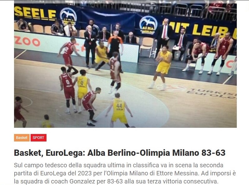 Basket, EuroLega: Alba Berlino-Olimpia Milano 83-63