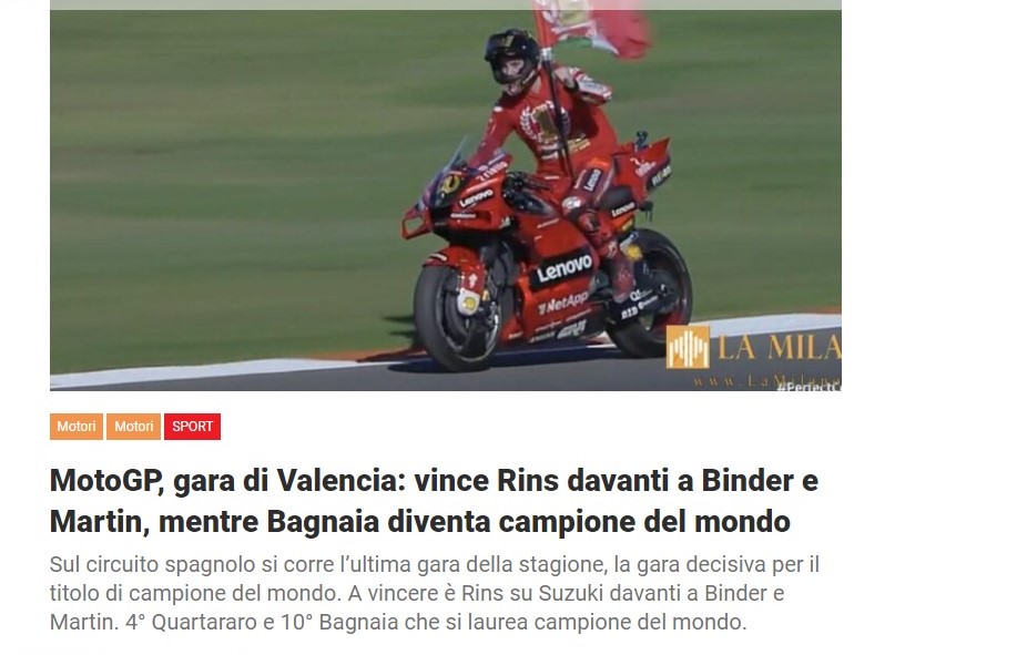 MotoGP, gara di Valencia: vince Rins davanti a Binder e Martin, mentre Bagnaia diventa campione del mondo