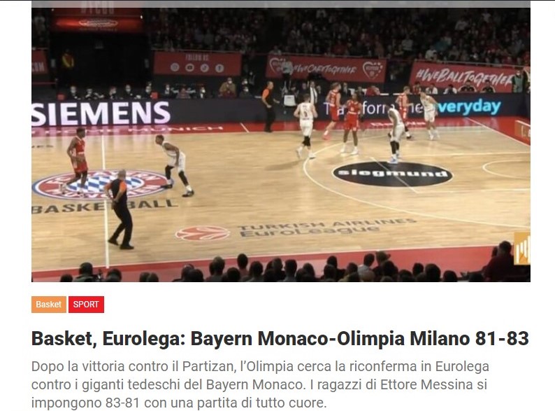 Basket, Eurolega: Bayern Monaco-Olimpia Milano 81-83