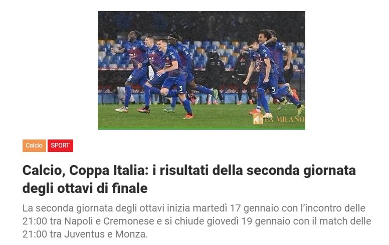Calcio, Coppa Italia: i risultati della seconda giornata degli ottavi di finale