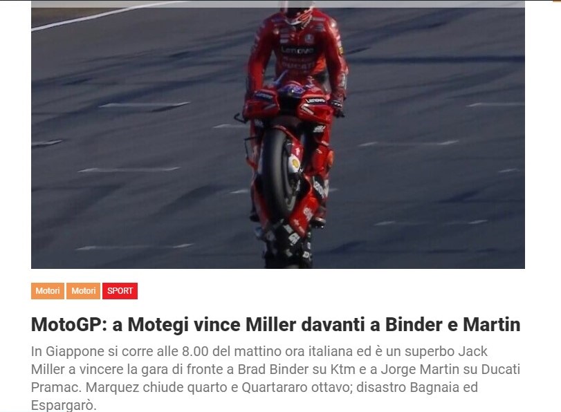 MotoGP: a Motegi vince Miller davanti a Binder e Martin