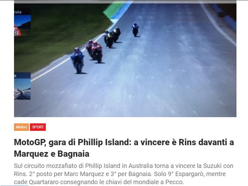 MotoGP, gara di Phillip Island: a vincere è Rins davanti a Marquez e Bagnaia