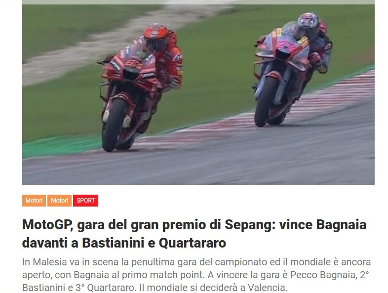 MotoGP, gara del gran premio di Sepang: vince Bagnaia davanti a Bastianini e Quartararo