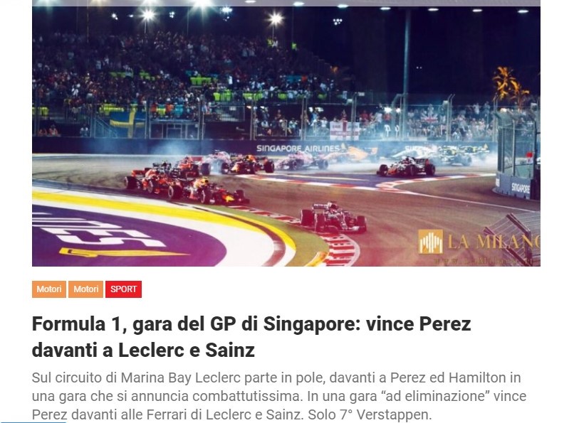 Formula 1, gara del GP di Singapore: vince Perez davanti a Leclerc e Sainz