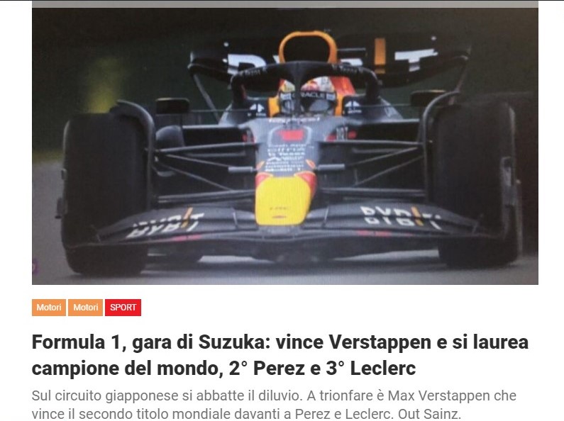 Formula 1, gara di Suzuka: vince Verstappen e si laurea campione del mondo, 2° Perez e 3° Leclerc