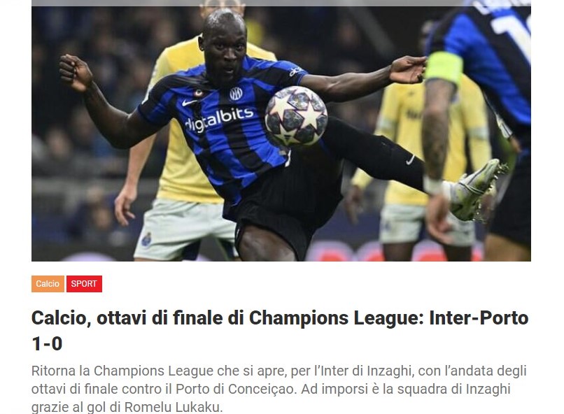 Calcio, ottavi di finale di Champions League: Inter-Porto 1-0