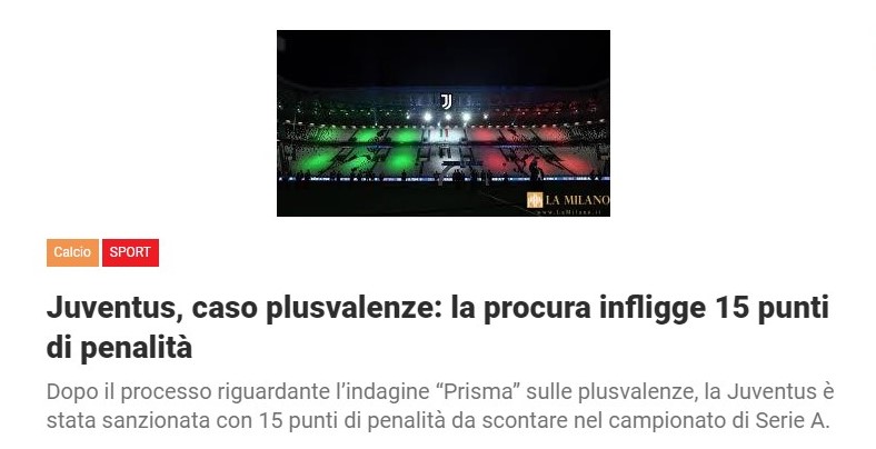 Juventus, caso plusvalenze: la procura infligge 15 punti di penalità