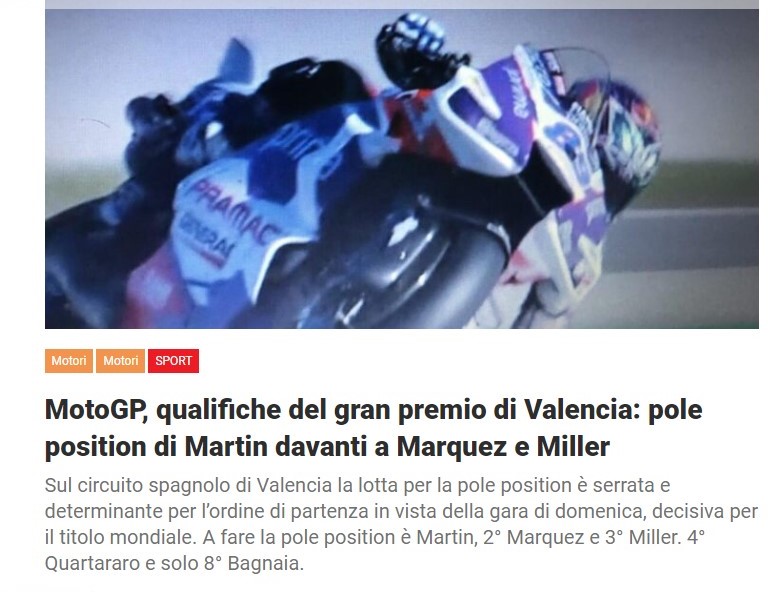 MotoGP, qualifiche del gran premio di Valencia: pole position di Martin davanti a Marquez e Miller