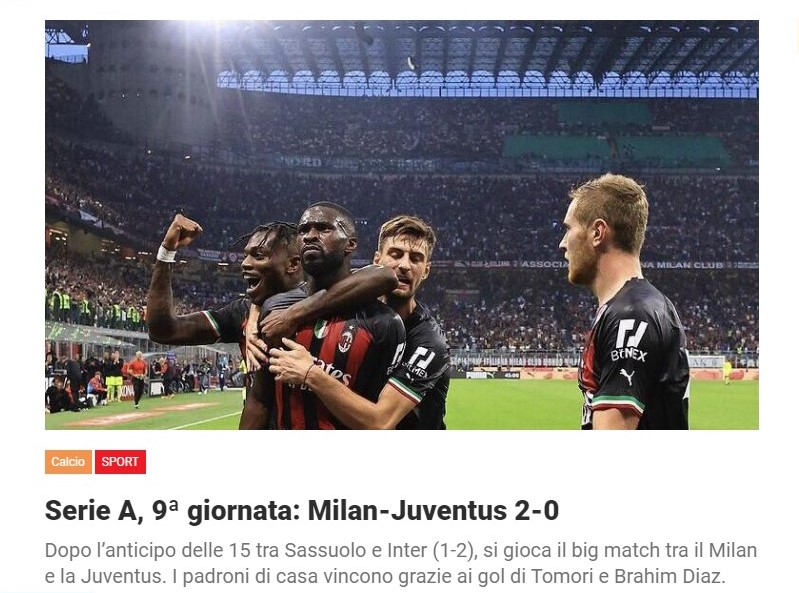 Serie A, 9ª giornata: Milan-Juventus 2-0