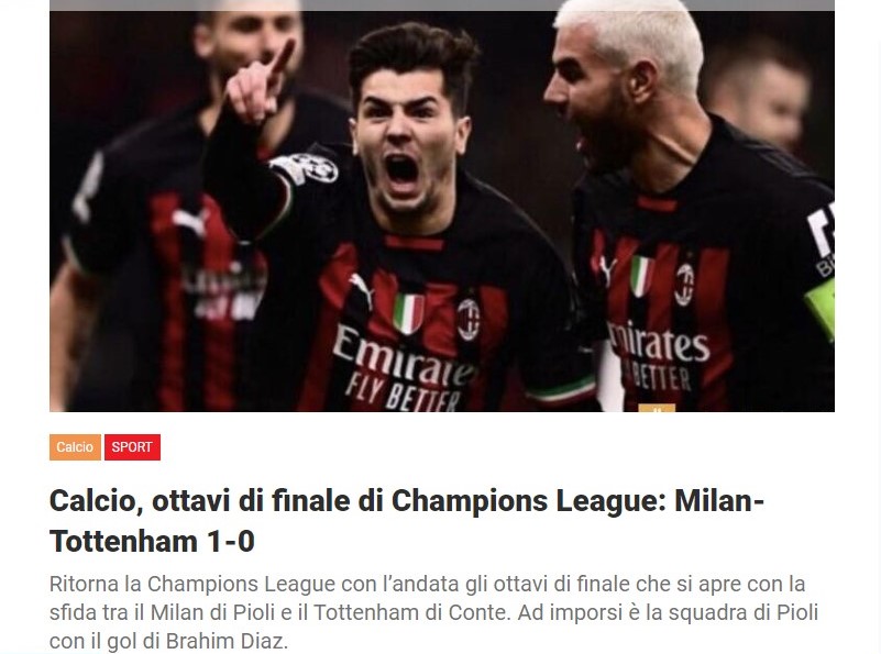 Calcio, ottavi di finale di Champions League: Milan-Tottenham 1-0