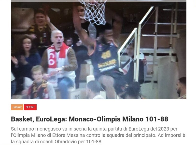 Basket, EuroLega: Monaco-Olimpia Milano 101-88