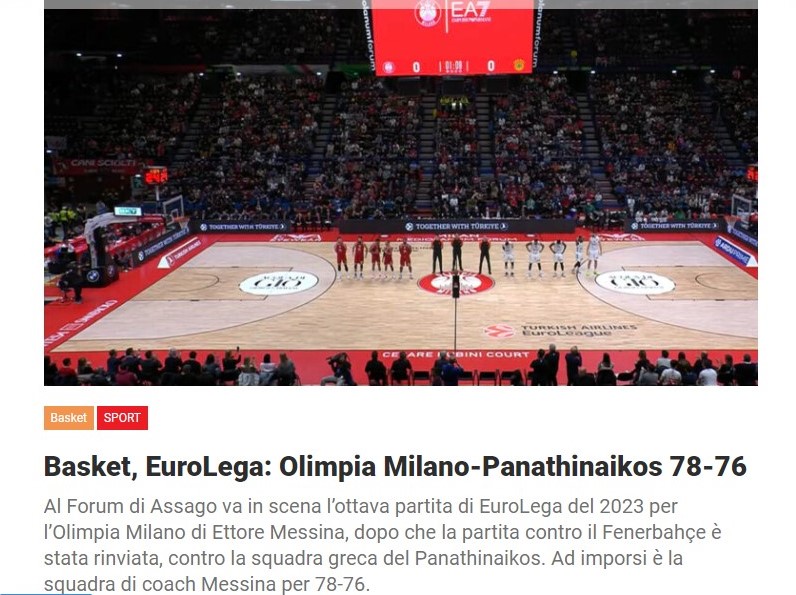 Basket, EuroLega: Olimpia Milano-Panathinaikos 78-76