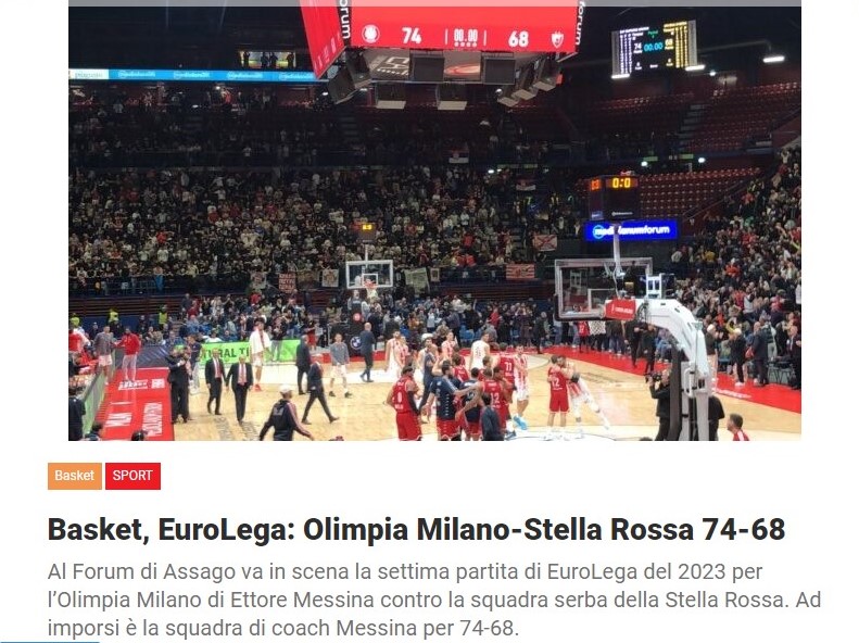 Basket, EuroLega: Olimpia Milano-Stella Rossa 74-68