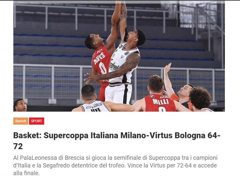 Basket: Supercoppa Italiana Milano-Virtus Bologna 64-72