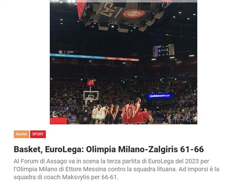 Basket, EuroLega: Olimpia Milano-Zalgiris 61-66
