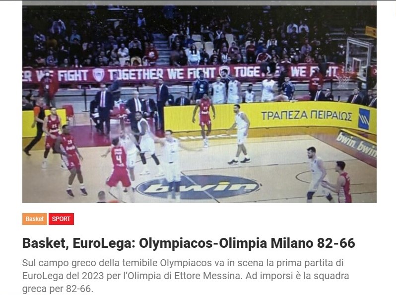 Basket, EuroLega: Olympiacos-Olimpia Milano 82-66