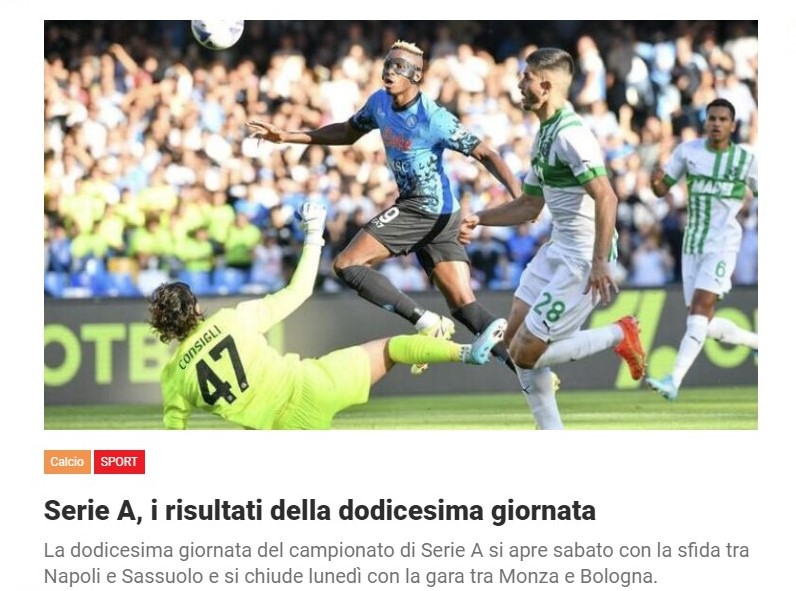 Serie A, i risultati della dodicesima giornata