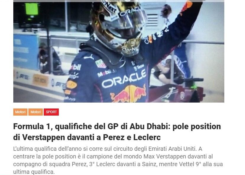 Formula 1, qualifiche del GP di Abu Dhabi: pole position di Verstappen davanti a Perez e Leclerc