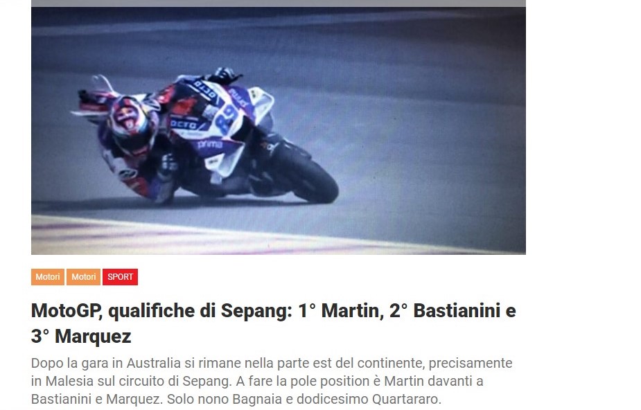 MotoGP, qualifiche di Sepang: 1° Martin, 2° Bastianini e 3° Marquez