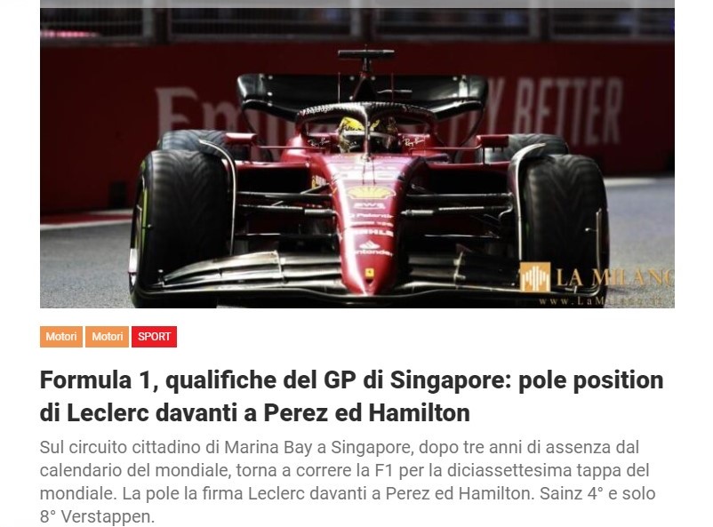 Formula 1, qualifiche del GP di Singapore: pole position di Leclerc davanti a Perez ed Hamilton