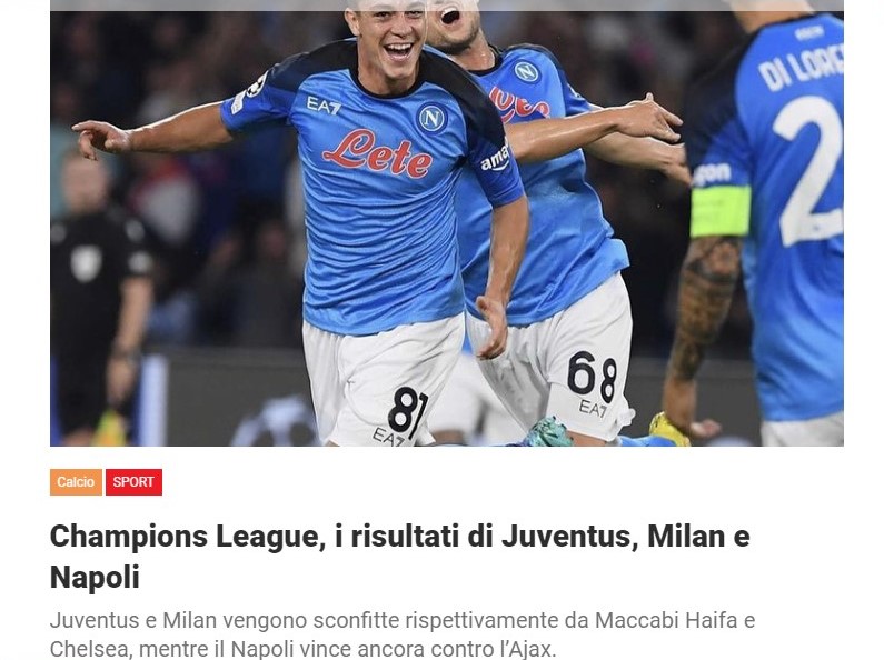 Champions League, i risultati di Juventus, Milan e Napoli