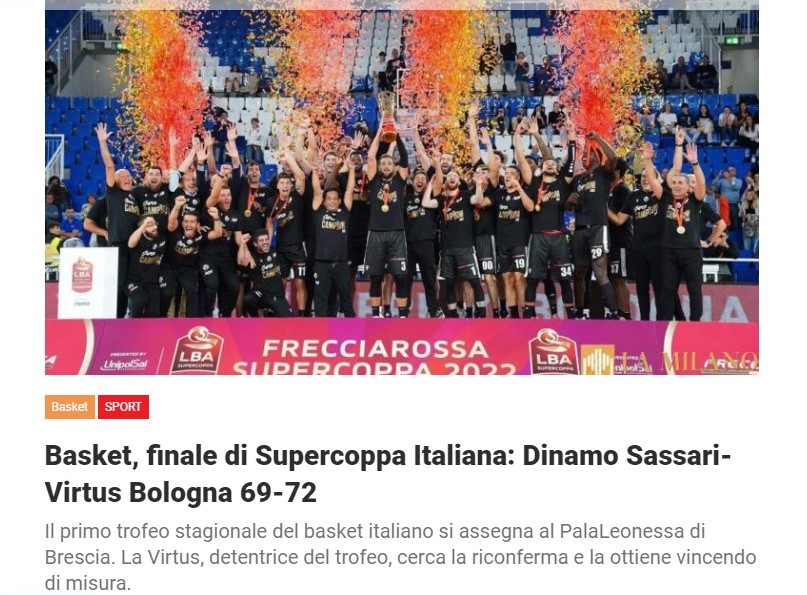 Basket, finale di Supercoppa Italiana: Dinamo Sassari-Virtus Bologna 69-72