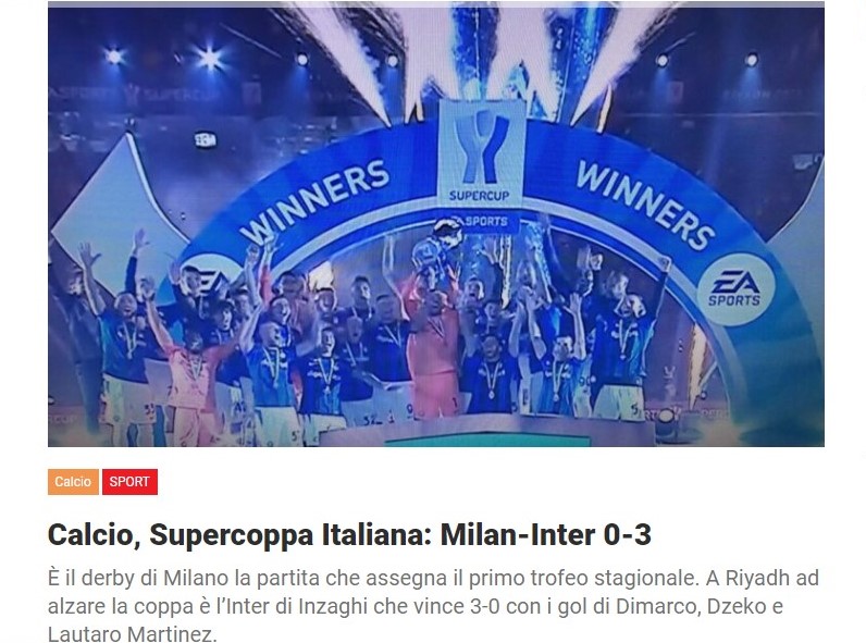 Calcio, Supercoppa Italiana: Milan-Inter 0-3