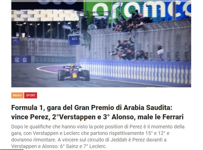 Formula 1, gara del Gran Premio di Arabia Saudita: vince Perez, 2°Verstappen e 3° Alonso, male le Ferrari