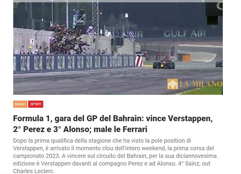 Formula 1, gara del GP del Bahrain: vince Verstappen, 2° Perez e 3° Alonso; male le Ferrari