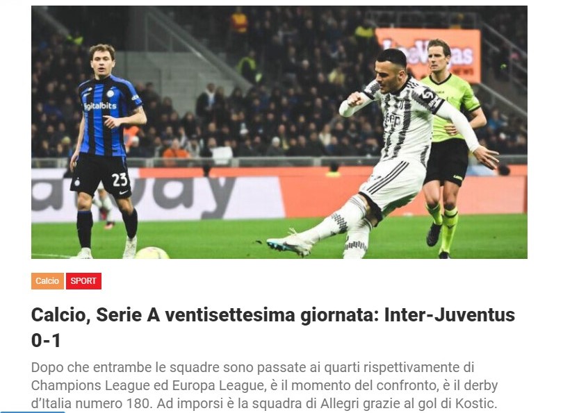 Calcio, Serie A ventisettesima giornata: Inter-Juventus 0-1