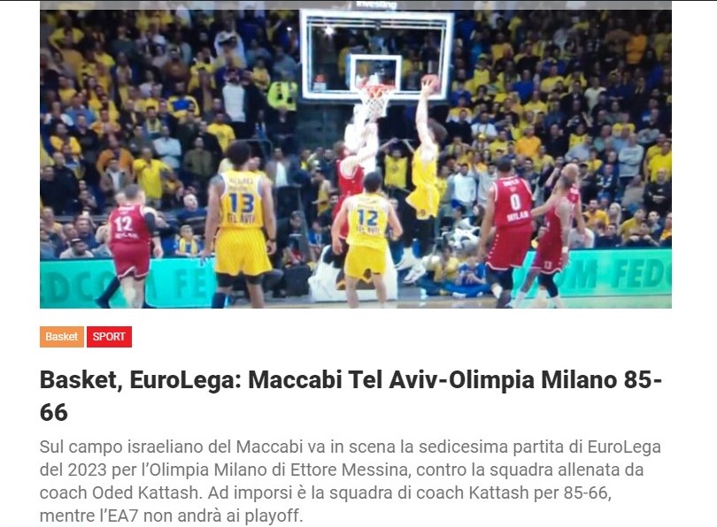 Basket, EuroLega: Maccabi Tel Aviv-Olimpia Milano 85-66