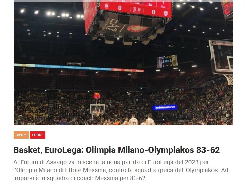 Basket, EuroLega: Olimpia Milano-Olympiakos 83-62