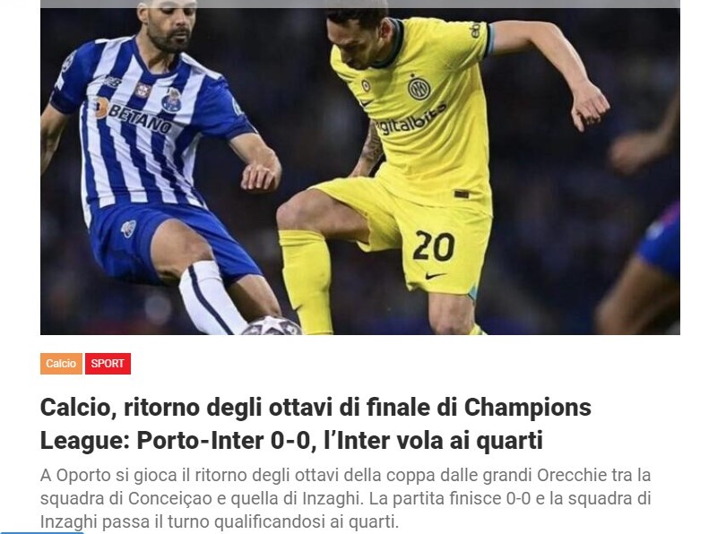 Calcio, ritorno degli ottavi di finale di Champions League: Porto-Inter 0-0, l’Inter vola ai quarti