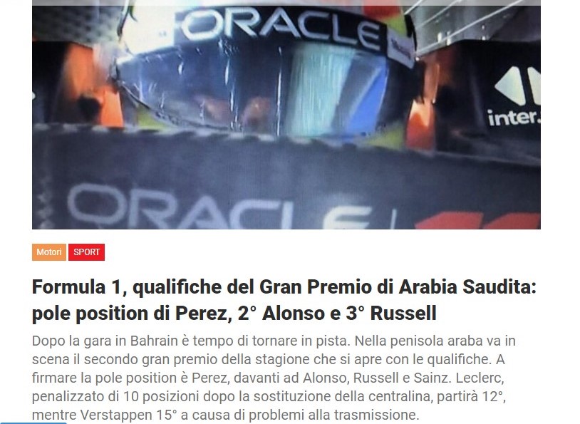 Formula 1, qualifiche del Gran Premio di Arabia Saudita: pole position di Perez, 2° Alonso e 3° Russell