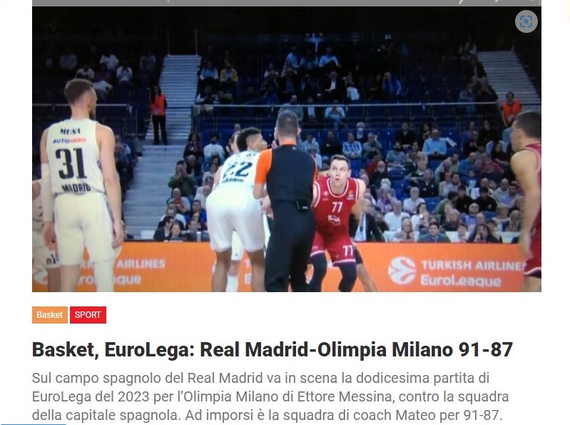 Basket, EuroLega: Real Madrid-Olimpia Milano 91-87