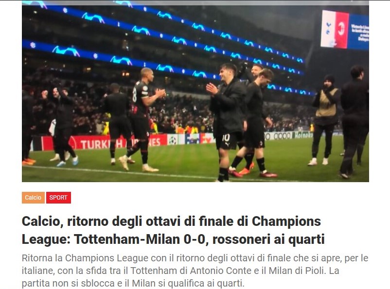 Calcio, ritorno degli ottavi di finale di Champions League: Tottenham-Milan 0-0, rossoneri ai quarti