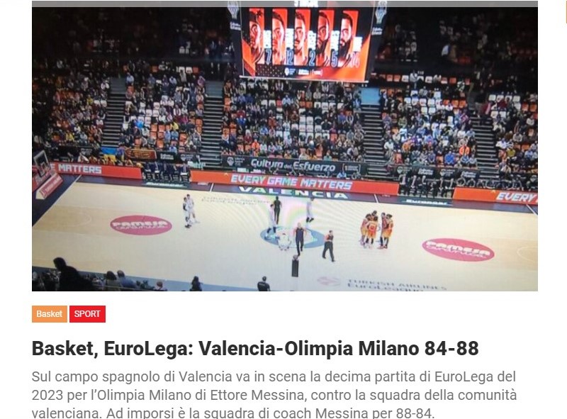 Basket, EuroLega: Valencia-Olimpia Milano 84-88