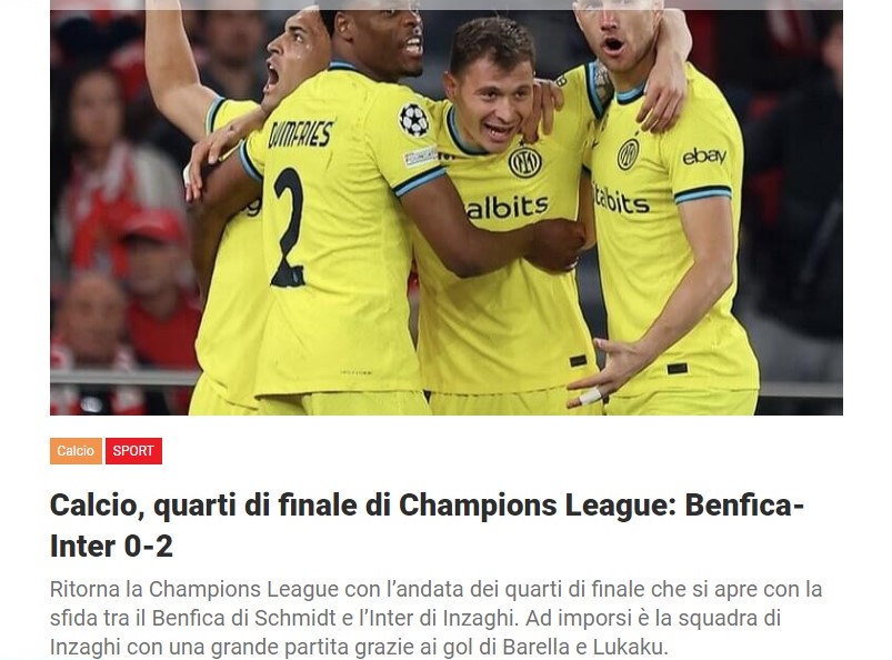 Calcio, quarti di finale di Champions League: Benfica-Inter 0-2