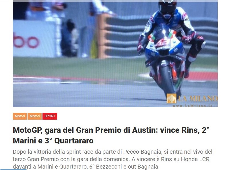 MotoGP, gara del Gran Premio di Austin: vince Rins, 2° Marini e 3° Quartararo