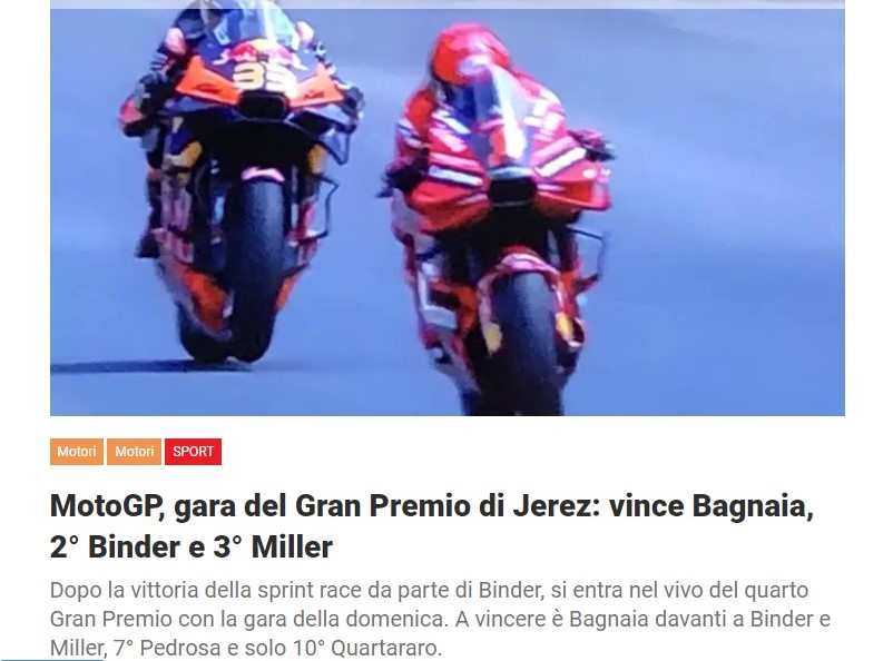 MotoGP, gara del Gran Premio di Jerez: vince Bagnaia, 2° Binder e 3° Miller