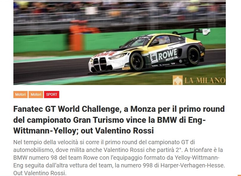 Fanatec GT World Challenge, a Monza per il primo round del campionato Gran Turismo vince la BMW di Eng-Wittmann-Yelloy; out Valentino Rossi