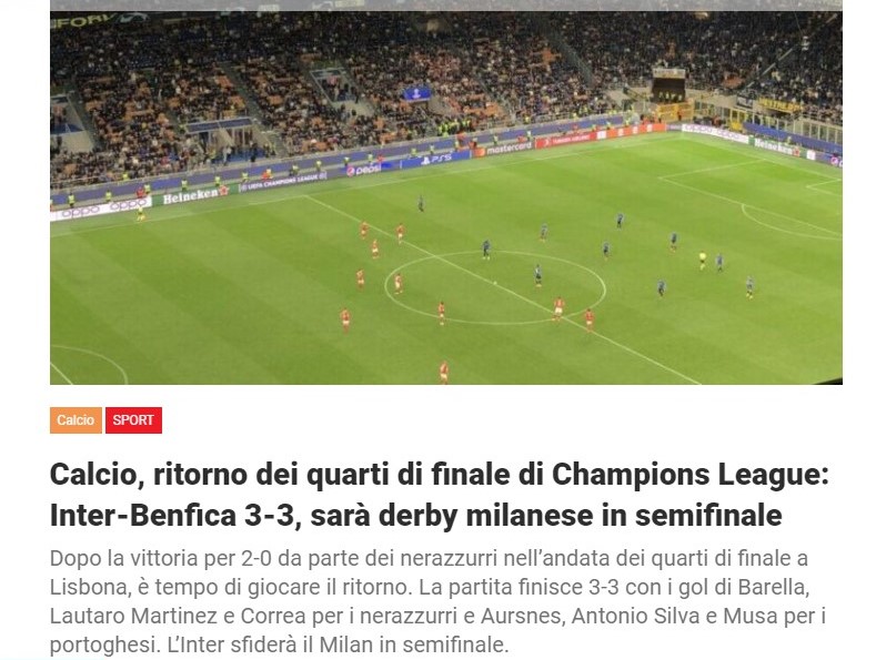 Calcio, ritorno dei quarti di finale di Champions League: Inter-Benfica 3-3, sarà derby milanese in semifinale